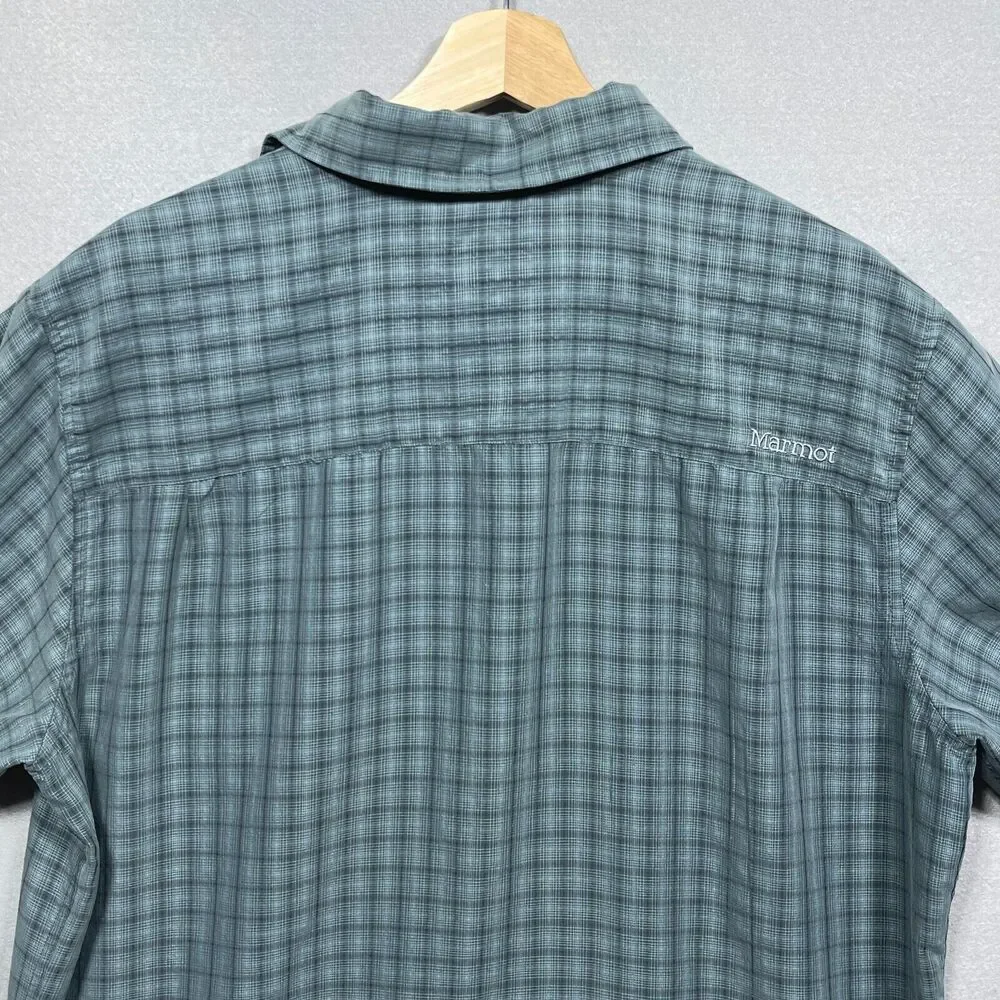 Marmot Plaid Shirt Men Large Regular Short Sleeve Blue Green Button Up Gorpcore